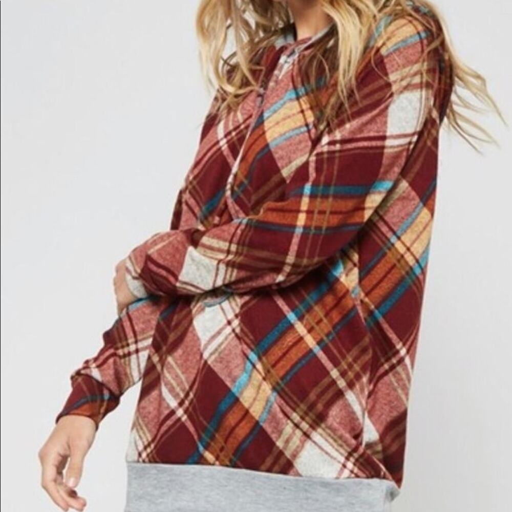 Promesa Maroon Red Gray Plaid Double Knit Fleece Pullover Hoodie Medium NEW NWOT